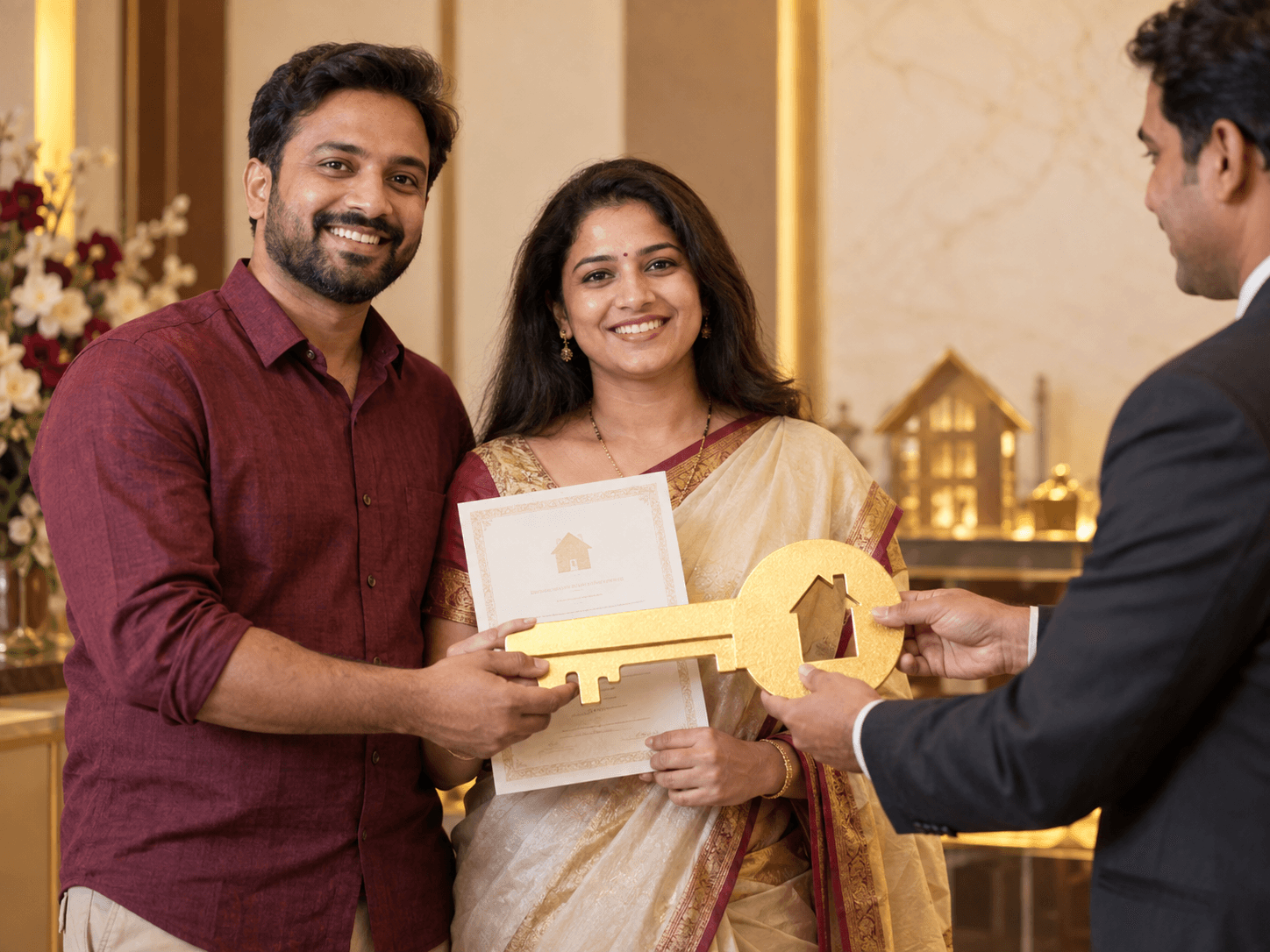 Happy property lucky draw winners receiving their ceremonial house key